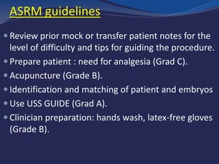 ASRM guidelines
 Review prior mock or transfer patient notes for the
level of difficulty and tips for guiding the procedure.
 Prepare patient : need for analgesia (Grad C).
 Acupuncture (Grade B).
 Identification and matching of patient and embryos
 Use USS GUIDE (Grad A).
 Clinician preparation: hands wash, latex-free gloves
(Grade B).
 