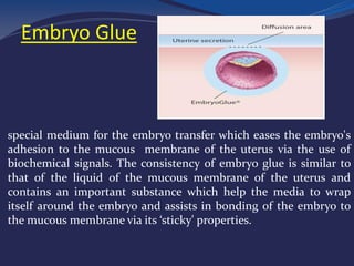 GlueEmbryo
•
special medium for the embryo transfer which eases the embryo's
adhesion to the mucous membrane of the uterus via the use of
biochemical signals. The consistency of embryo glue is similar to
that of the liquid of the mucous membrane of the uterus and
contains an important substance which help the media to wrap
itself around the embryo and assists in bonding of the embryo to
the mucous membrane via its ‘sticky' properties.
 