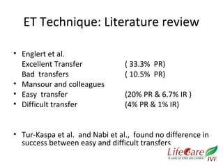ET Technique: Literature review 
• Englert et al. 
Excellent Transfer ( 33.3% PR) 
Bad transfers ( 10.5% PR) 
• Mansour and colleagues 
• Easy transfer (20% PR & 6.7% IR ) 
• Difficult transfer (4% PR & 1% IR) 
• Tur-Kaspa et al. and Nabi et al., found no difference in 
success between easy and difficult transfers 
 