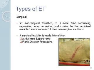 Types of ET
Surgical
 Vs. non-surgical transfer, it is more time consuming,
expensive, labor intensive, and riskier to the recipient
mare but more successful than non-surgical methods.
 A surgical incision is made into either:
Midventral Laparotomy
Flank Incision Procedure
22
 