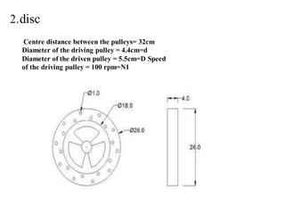 2.disc
Centre distance between the pulleys= 32cm
Diameter of the driving pulley = 4.4cm=d
Diameter of the driven pulley = 5.5cm=D Speed
of the driving pulley = 100 rpm=N1
 