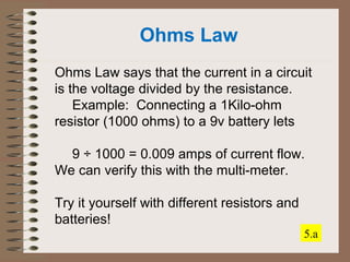 Ohms Law 
Ohms Law says that the current in a circuit 
is the voltage divided by the resistance. 
Example: Connecting a 1Kilo-ohm 
resistor (1000 ohms) to a 9v battery lets 
9 ÷ 1000 = 0.009 amps of current flow. 
We can verify this with the multi-meter. 
Try it yourself with different resistors and 
batteries! 
5.a 
 