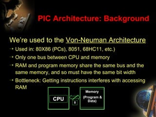 PIC Architecture: Background ,[object Object],[object Object],[object Object],[object Object],[object Object],CPU 8 Memory (Program & Data) 