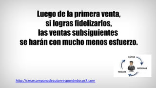 http://crearcampanadeautorrespondedor.gr8.com
Luego de la primera venta,
si logras fidelizarlos,
las ventas subsiguientes
se harán con mucho menos esfuerzo.
 