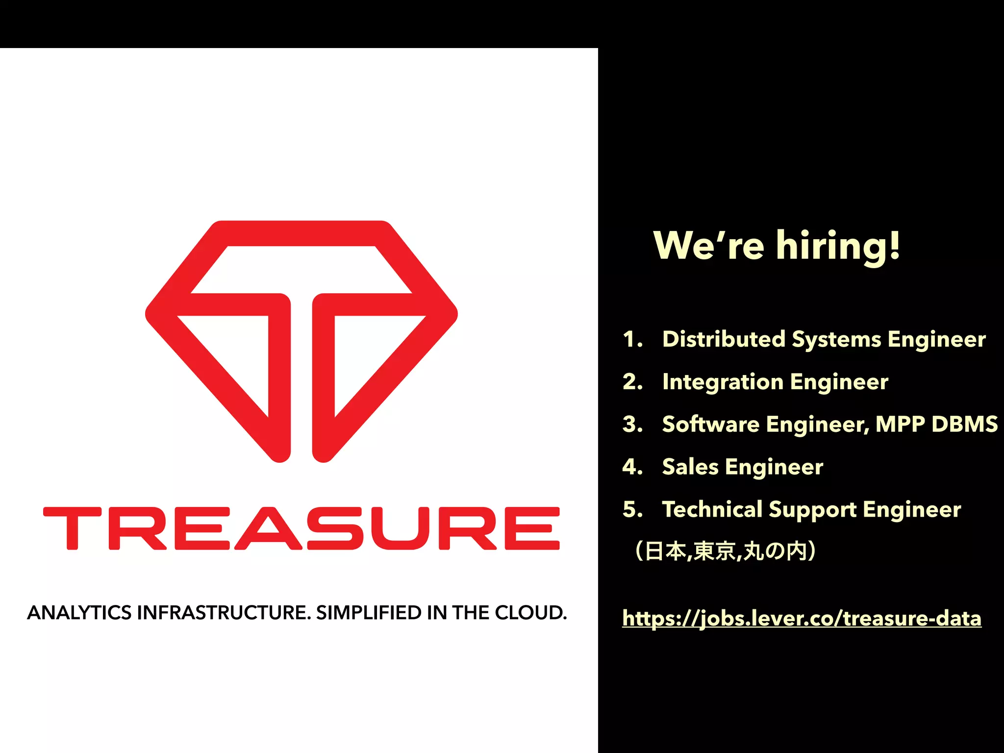 1. Distributed Systems Engineer
2. Integration Engineer
3. Software Engineer, MPP DBMS
4. Sales Engineer
5. Technical Support Engineer
（日本,東京,丸の内） 
https://jobs.lever.co/treasure-data
We’re hiring!
ANALYTICS INFRASTRUCTURE. SIMPLIFIED IN THE CLOUD.
 