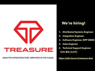 1. Distributed Systems Engineer
2. Integration Engineer
3. Software Engineer, MPP DBMS
4. Sales Engineer
5. Technical Support Engineer
（日本,東京,丸の内） 
https://jobs.lever.co/treasure-data
We&rsquo;re hiring!
ANALYTICS INFRASTRUCTURE. SIMPLIFIED IN THE CLOUD.
 