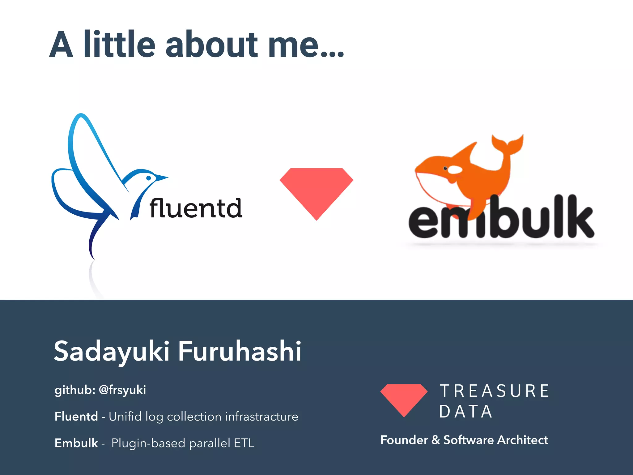 A little about me… Sadayuki Furuhashi github: @frsyuki Fluentd - Uniﬁd log collection infrastracture Embulk - Plugin-based parallel ETL Founder & Software Architect 