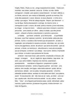 118

Virgílio, Pedro , Paulo e o rex , amigo inseparável de Lobato . Todos com
mochilas nas costas pesando cerca de 10 kilos, na mão direita
carregavam o bastão para apoiar o corpo.Estavam no maior silêncio, e
à a frente, cerca de cem metros ia Sebastião guiando os meninos. Por
onde eles passavam o povo deixava os seus afazeres e vinha ver o
cortejo que seguia firme de cabeça erguida . Depois que desceram a
rua da Água Santa atravessaram o córrego do mesmo nome e
começaram a subir o morro. Ali neste ponto a marcha já era mais lenta.
ao chegar no topo do morro        voltaram para trás e miraram o caminho
percorrido como dando um ultimo adeus à cidade que eles jamais
veriam , olharam a frente e vislumbraram o caminho a percorrer.
    a medida     que foram andando já ia diminuindo        a quantidade
de casas e por final apenas o caminho de terra batida pelos pés dos
animais , burros e cavalos e dos homens que ali passavam . ao lado a
vegetação era composta d e savana e arvores retorcidas, vez por outra
via se uma gigantesca arvore de articum que servia de sombra para os
animais . a frente os meninos já vislumbravam a serra da conceição
que já começava a enterrar sua cabeça nas nuvens dando a impressão
que o tempo ia mudar e que podíamos ter chuvas.
    andaram mais duas horas pelo caminho ensolarado e tortuoso ,até
chegar à margem          de um regato de água cristalina , logo atras da
serra que, tanto mistério inspirava nos meninos. assentaram
acampamento          acenderam a fogueira e prepararam o jantar   .
permaneceram sentados vendo a fogueira queimar sem dizer uma
palavra, nem canção, nem jogos. nada todos estavam quieto. até rex
permanecia deitado com as patas trançadas apoiando o focinho.
sebastião também estava sentado no meio deles sem dizer uma palavra.
assim foi escurecendo até não mais se ver nada., ao redor uma vez
que aquela noite não tinha nenhuma estrela no céu. estava escuro
feito ‘’ breu’’ . só a fogueira permanecia acesa sendo alimentado pelos
meninos. quatro meninos já estavam de guarda, e todos dormiam a o
redor da fogueira.



                                                                           118
                         EM BUSCA DA CAVERNA.
 