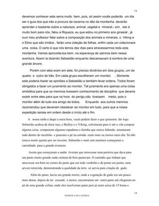 14

devemos conhecer esta serra muito bem, pois, só assim vocês poderão um dia
ser o guia dos que irão a procura da caverna no alto da montanha. deverão
aprender o bastante sobre a natureza, animal ,vegetal e mineral.- sim , isto é
muito bom para nós, falou a Riqueza, eu que estou no primeiro ano ginasial , já
ouvi meu professor falar sobre a composição dos animais e minerais. o Viking e
o Elmo que são irmãos , farão uma coleção de folhas. enfim cada um colecionara
uma coisa. O certo é que nós temos dez dias para atravessarmos toda esta
montanha. Vamos aproveita-los bem, na esperança de sairmos bem nessa
aventura. Assim ia dizendo Sebastião enquanto descansavam à sombra de uma
grande árvore.

      Porém com eles eram em sete, foi preciso dividi-los em dois grupos, um de
quatro e outro de três. Em cada grupo escolheram um monitor.               . Sómente
este poderia trazer as opiniões a Sebastião e também levar ordens. Todos foram
obrigados a fazer um juramento ao monitor. Tal juramento era apenas uma coisa
simbólica para que os meninos tivessem conhecimento de disciplina que deveria
existir entre eles para que na hora do perigo,não tivessem           medo, pois o
monitor além de tudo era amigo de todos.           Enquanto aos outros meninos
recomendou que deveriam obedecer ao monitor em tudo, para que a nossa
expedição saísse em ordem desde o início até o fim.

    A nossa saída é daqui a meia hora, vocês podem fazer o que quiserem. tão logo
Sebastião acabou de dizer isso, o Rufino e o Viking, solicitaram para ir até a vila comprar
alguma coisa. compraram algumas rapaduras e farinha que estava faltando. arrumaram
tudo dentro de mochilas e puseram o pé na estrada. eram mais ou menos meio dia. Só não
estava muito quente por ser inverno. Sebastião e mais sete meninos começaram a
caminhada para a grande aventura.

     Assim que começaram a andar tiveram que atravessar uma porteira que dava para
um pasto muito grande onde centena de bois pastavam. O caminho que tinham que
atravessar era bem no centro do pasto que era todo verdinho e de ponto em ponto, uma
arvore retorcida, demonstrando a qualidade da terra só servia para criação de gado.

      Além do pasto, havia um grande morro, onde a vegetação de gado era um pouco
mais densa. depois de ter cruzado o morro, encontraram um outro pasto até chegarem no
pé de uma grande colina, onde eles resolveram parar pois já eram cerca de 15 horas e

                                                                                          14
                                  EM BUSCA DA CAVERNA.
 