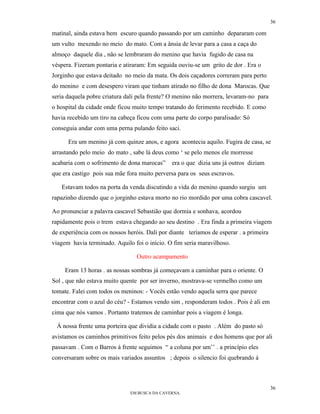 36

matinal, ainda estava bem escuro quando passando por um caminho depararam com
um vulto mexendo no meio do mato. Com a ânsia de levar para a casa a caça do
almoço daquele dia , não se lembraram do menino que havia fugido de casa na
véspera. Fizeram pontaria e atiraram: Em seguida ouviu-se um grito de dor . Era o
Jorginho que estava deitado no meio da mata. Os dois caçadores correram para perto
do menino e com desespero viram que tinham atirado no filho de dona Marocas. Que
seria daquela pobre criatura dali pela frente? O menino não morrera, levaram-no para
o hospital da cidade onde ficou muito tempo tratando do ferimento recebido. E como
havia recebido um tiro na cabeça ficou com uma parte do corpo paralisado: Só
conseguia andar com uma perna pulando feito saci.

      Era um menino já com quinze anos, e agora acontecia aquilo. Fugira de casa, se
arrastando pelo meio do mato , sabe lá deus como ‘ se pelo menos ele morresse
acabaria com o sofrimento de dona marocas”     era o que dizia uns já outros diziam
que era castigo pois sua mãe fora muito perversa para os seus escravos.

   Estavam todos na porta da venda discutindo a vida do menino quando surgiu um
rapazinho dizendo que o jorginho estava morto no rio mordido por uma cobra cascavel.

Ao pronunciar a palavra cascavel Sebastião que dormia e sonhava, acordou
rapidamente pois o trem estava chegando ao seu destino . Era finda a primeira viagem
de experiência com os nossos heróis. Dali por diante teríamos de esperar . a primeira
viagem havia terminado. Aquilo foi o início. O fim seria maravilhoso.

                                 Outro acampamento

     Eram 13 horas . as nossas sombras já começavam a caminhar para o oriente. O
Sol , que não estava muito quente por ser inverno, mostrava-se vermelho como um
tomate. Falei com todos os meninos: - Vocês estão vendo aquela serra que parece
encontrar com o azul do céu? - Estamos vendo sim , responderam todos . Pois é ali em
cima que nós vamos . Portanto tratemos de caminhar pois a viagem é longa.

 Á nossa frente uma porteira que dividia a cidade com o pasto . Além do pasto só
avistamos os caminhos primitivos feito pelos pés dos animais e dos homens que por ali
passavam . Com o Barros á frente seguimos “ a coluna por um’’ . a princípio eles
conversaram sobre os mais variados assuntos ; depois o silencio foi quebrando á



                                                                                        36
                              EM BUSCA DA CAVERNA.
 