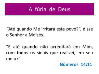 A fúria de Deus
“Até quando Me irritará este povo?”, disse
o Senhor a Moisés.
“E até quando não acreditará em Mim,
com todos os sinais que realizei, em seu
meio?”
Números 14:11
 