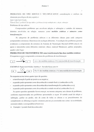 Anexo 1
PROBLEMAS DO TIPO ADITIVO E I'vlULTIPLlCATIVO. considerações e análises na
dimensão psicológica do ato cognitivo
Autor: Celia linck lsrand!
Problemas do tipo aditivo
Compreendem problemas que envolvem adições e subtrações e sentidos de números
distintos envolvidos na relação números como medidas estáticas e números como
transfonnações .
As categorias de problemas aditivos e as diferentes classes para cada categoria
compreendem estruturas e heuristicas de resolução diferentes A resolução dos problemas permite
evidenciar a compreensão da estrutu ra do S istema de Numeração Decima I (S N D) a tra vés do
apoio e intercâmbio entre diferentes materiais ábaco. material Montessori, palitos amarrados,
quadro valor lugar .'
PROBLEMAS DE TRANSFORMAÇÃO: uma transformaçâo liga duas medidas estáticas.
O esquema a seguir compreende a estrutura dos problemas de transformação
L" J QC, J ~ e sào medidas estát,""s e I;é "ma medida de t,a"sfD",oa,::i;~-J
EXElIU)LO Paulo tem 8 bolas. Ganhou 3 Ao todo ficou COIll I1
81Jll
.~
8 e I I são medidas estáticas e 3 é uma medida de transformação .
No esquema acima temos quatro tipus de questões
a transformação b pode ser positiva ou negativa;
a questão pode apresentar como desconhecido o estado final c ( conhecidos a e b),
a questão pode apresentar como desconhecida a transformação b ( conhecidos a e c),
a questão pode apresentar como desconhecido o estadu inicial a ( conhecidos b e c)
As quatro questões apontadas fazem emergir, na mesma categoria, seis classes de problemas,
conforme esquematizadas nos problemas apresentados a seguir O sentido usual da adição e
subtração, ganhar ou perder, não dá conta de todas as classes e os proced imentos do
complemento ou diferença exigirão estruturas prévias Já construidas tais como reversibihdade,
comutatividade e correspondência biunivoca.
• Exemplo 1 (estado final desconhecido)
 