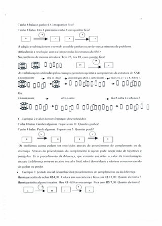 2
Tenho 8 balas e ganho 4. Com quantas fico?
Tenho 8 balas. Dei 4 para meu irmão Com quantas fico?
G 0- ......•D [=::J .1
A adição e subtração tem o sentido usual de ganhar ou perder nesta estrutura de problema
Articulando a resolução com a compreensão da estrutura do SND
No problema de mesma estrutura: Tem 25, tira 18, CDm quantas fica?
.. - Ô
•• O 0000 r- •D
As verbalizações utilizadas pelas crianças permitem apontar a compreensão da estrutura do SND
Tira 11m monte ......• tira os cinco _. mas tem que abrir o outro monte ......•e tirar o 6, o 7 e o 8.. Sobra 7.
1m3O O O [jJ-íIJ -. O O O cQJ O O O O -. O O O cQJ O
Ou
rira um monte abre (1 outro ......• fira H, sobra 2 e sobra os 5.
• Exemplo 2 (valor da transformação desconhecido)
Tinha 8 balas Ganhei algumas Fiquei com 1I. Quantas ganhei?
Tenho 8 balas. Perdi algumas Fiquei com 5. Quantas perdi?
(0 O
• [3 D •
Os problemas acima podem ser resolvidos através do procedimento do complemento ou da
diferença Através do procedimento do complemento o sujeito pode lançar mão de hipóteses e
corrigi-Ias. Já o procedimento da diferença, que consiste em obter o valor da transformação
através da diferença entre os estados inicial e final, não é tão evidente e não tem o mesmo sentido
de ganhar ou perder.
• Exemplo 3 (estado inicial desconhecido) procedimentos do complemento ou da diferença
Henrique acaba de achar R$4,OO . Coloca em sua carteira e fica com R$ I 1,00 Quanto ele tinha '1
Henrique tinha alguns trocados. Deu R$ 4,00 ao seu amigo. Fica com R$ 7,00 Quanto ele tinha?
D G.GJ D~w
 
