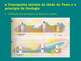 ■ Concepções iniciais da idade da Terra e o
princípio da Geologia
• Utilização dos princípios de Steno no campo.
 