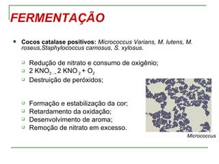 FERMENTAÇÃO
   Cocos catalase positivos: Micrococcus Varians, M. lutens, M.
    roseus,Staphylococcus carnosus, S. xylosus.

       Redução de nitrato e consumo de oxigênio;
       2 KNO3 → 2 KNO 2 + O2
       Destruição de peróxidos;


       Formação e estabilização da cor;
       Retardamento da oxidação;
       Desenvolvimento de aroma;
       Remoção de nitrato em excesso.
                                                              Micrococcus
 