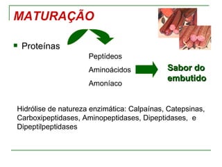 MATURAÇÃO

   Proteínas
                     Peptídeos
                     Aminoácidos            Sabor do
                                            embutido
                     Amoníaco


Hidrólise de natureza enzimática: Calpaínas, Catepsinas,
Carboxipeptidases, Aminopeptidases, Dipeptidases, e
Dipeptilpeptidases
 