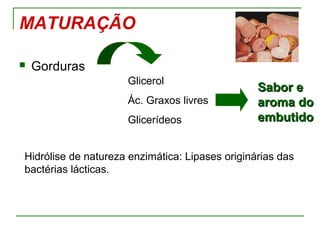 MATURAÇÃO
 Gorduras
Glicerol
Ác. Graxos livres
Glicerídeos
Sabor eSabor e
aroma doaroma do
embutidoembutido
Hidrólise de natureza enzimática: Lipases originárias das
bactérias lácticas.
 