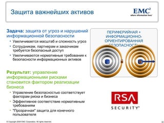 Защита важнейших активов

Задача: защита от угроз и нарушений                       ПЕРИФЕРИЙНАЯ +
информационной безопасности                              ИНФОРМАЦИОННО-
   • Увеличивается масштаб и сложность угроз             ОРИЕНТИРОВАННАЯ
   • Сотрудникам, партнерам и заказчикам                   БЕЗОПАСНОСТЬ
     требуется безопасный доступ
   • Увеличиваются нормативные требования к
     безопасности информационных активов


Результат: управление
информационными рисками
становится фактором реализации
бизнеса
   • Управление безопасностью соответствует
     факторам риска и бизнеса
   • Эффективное соответствие нормативным
     требованиям
   • "Прозрачная" защита для конечного
     пользователя
© Copyright 2009 EMC Corporation. All rights reserved.                     22
 