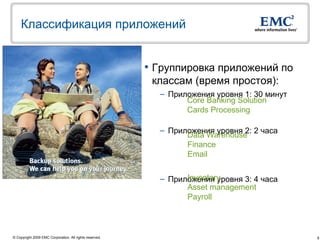 Классификация приложений


                                                          Группировка приложений по
                                                           классам (время простоя):
                                                           – Приложения уровня 1: 30 минут
                                                                 Core Banking Solution
                                                                 Cards Processing

                                                           – Приложения уровня 2: 2 часа
                                                                 Data Warehouse
                                                                 Finance
                                                                 Email

                                                                 Inventory
                                                           – Приложения уровня 3: 4 часа
                                                                 Asset management
                                                                 Payroll



© Copyright 2009 EMC Corporation. All rights reserved.                                       6
 
