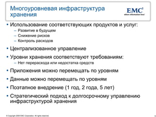 Многоуровневая инфраструктура
    хранения
 Использование соответствующих продуктов и услуг:
         – Развитие в будущем
         – Снижение рисков
         – Контроль расходов

 Централизованное управление
 Уровни хранения соответствуют требованиям:
         – Нет перерасхода или недостатка средств

 Приложения можно перемещать по уровням
 Данные можно перемещать по уровням
 Поэтапное внедрение (1 год, 2 года, 5 лет)
 Стратегический подход к долгосрочному управлению
  инфраструктурой хранения

© Copyright 2009 EMC Corporation. All rights reserved.   9
 