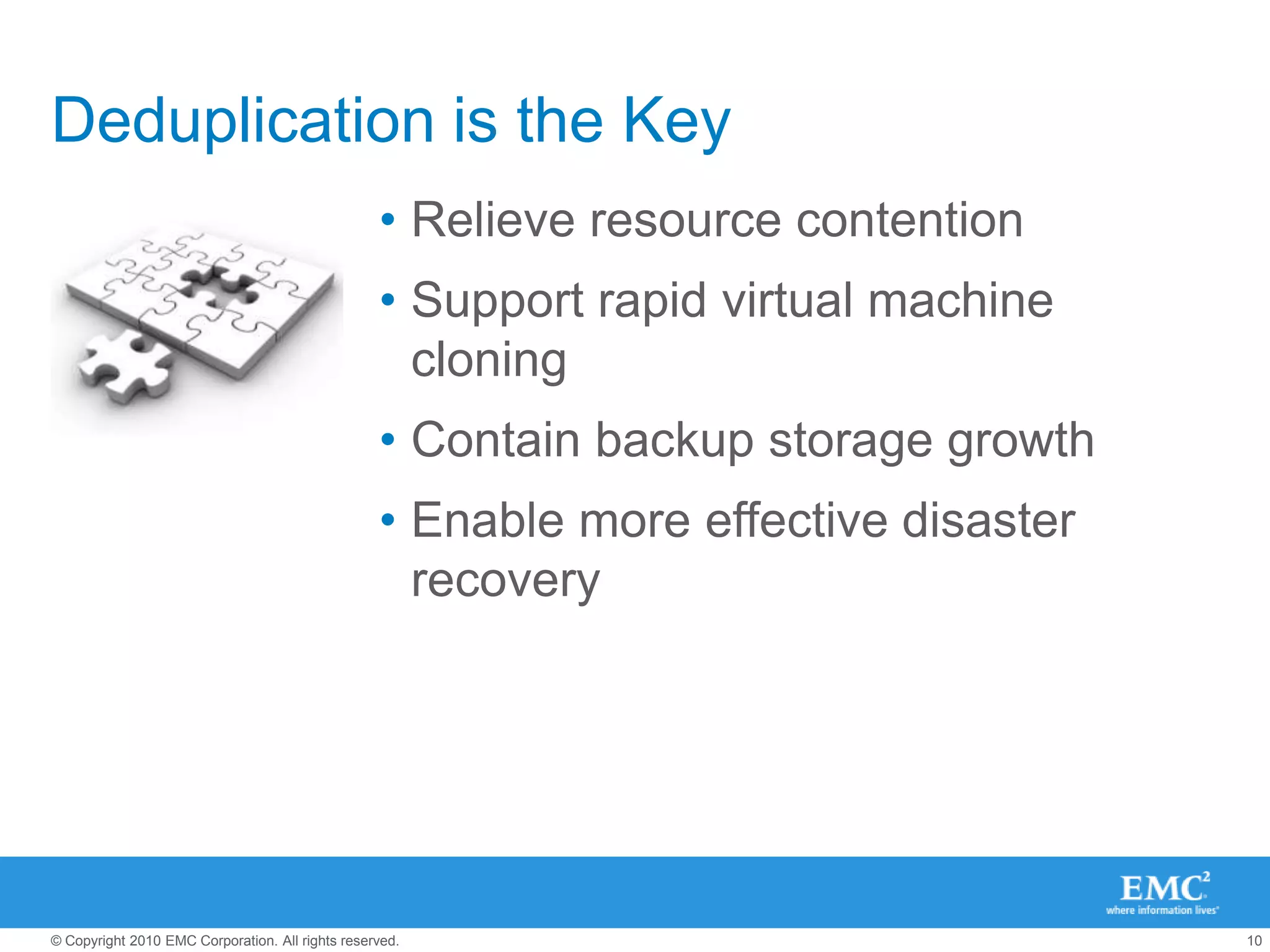 Backup and Recovery Architectures: In Transition from Tape to DiskNetWorkerTapeTapeBackup softwareNetWorkerBackup softwareVTLVTL/TapeNetWorkerData DomainDeduplication storageBackup softwareAvamarOnsite Backup StorageDisaster RecoveryStorageApplication BackupClientsBackup/MediaManagerBackup/Recovery ArchitectureConventional(Tape-centric)Transformational(Disk-centric)Disk LibraryDBDeduplication backup software and systemHomeData Protection AdvisorData Protection Management Softwareon premiseoff premise