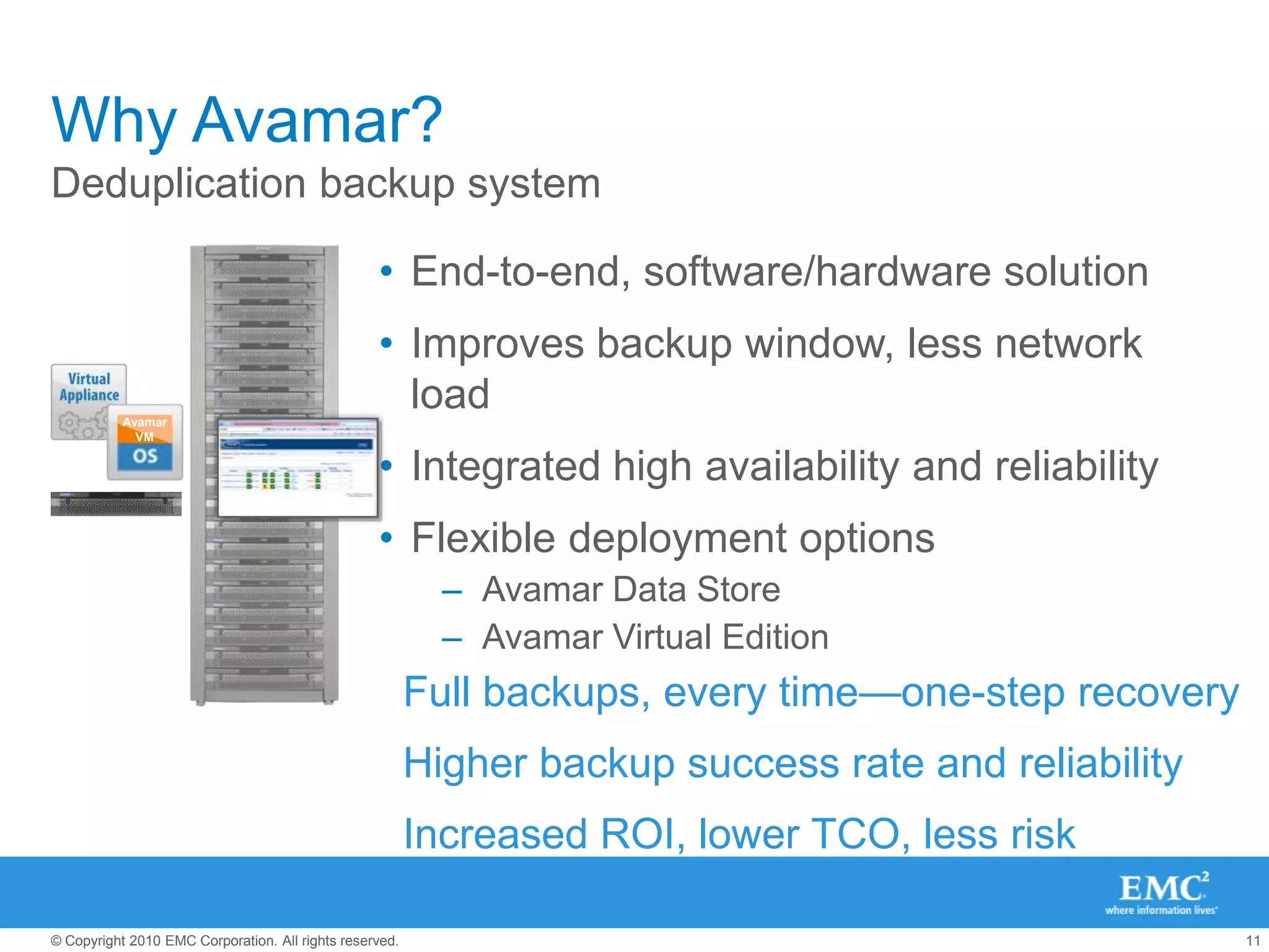 Backup is a Key Virtualization ConsiderationOrganizations top server virtualization initiatives for 2010Consolidate more physical servers onto virtualization platforms48%Improve backup and recovery of virtual machines37%Expand number of applications running on virtual machines36%Make use of virtual machine replication for disaster recovery32%Increase security of virtual server environment23%0%10%20%30%40%50%60%Source: Enterprise Strategy Group White Paper, Innovate, Integrate, and Accelerate Virtualization, Figure 3, May2010. 