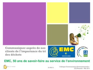 Communiquer auprès de nos clients de l’importance du tri des déchets 31/05/11 Colloque Communication Environnementale – CCI Nouméa – Mai 2011 EMC, 50 ans de savoir-faire au service de l’environnement 