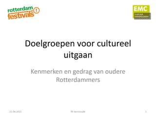 Doelgroepen voor cultureel
uitgaan
Kenmerken en gedrag van oudere
Rotterdammers
21-04-2015 1RF-kenniscafé
 