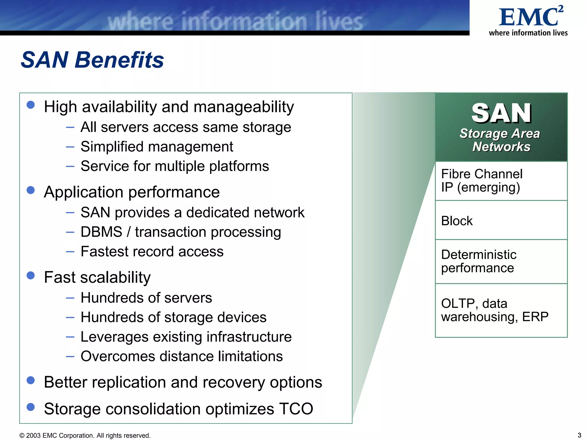 SAN Benefits
  High availability and manageability
               – All servers access same storage
                                                             SAN
                                                           Storage Area
               – Simplified management                       Networks
               – Service for multiple platforms
                                                        Fibre Channel
  Application performance                              IP (emerging)
               – SAN provides a dedicated network
                                                        Block
               – DBMS / transaction processing
               – Fastest record access                  Deterministic
                                                        performance
  Fast scalability
               –    Hundreds of servers                 OLTP, data
               –    Hundreds of storage devices         warehousing, ERP
               –    Leverages existing infrastructure
               –    Overcomes distance limitations
  Better replication and recovery options
  Storage consolidation optimizes TCO
© 2003 EMC Corporation. All rights reserved.                               3
 