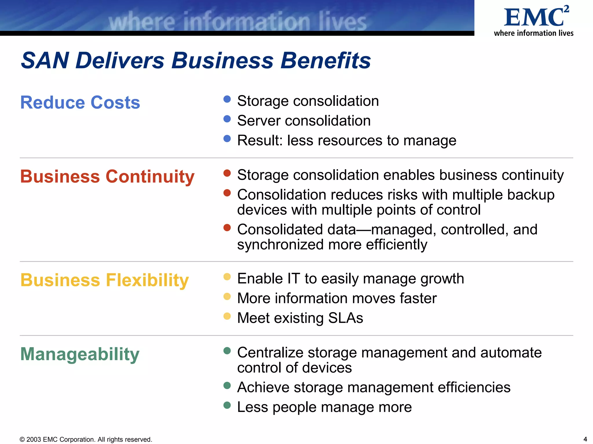SAN Delivers Business Benefits
Reduce Costs                                    Storage consolidation
                                                Server consolidation
                                                Result: less resources to manage


Business Continuity                             Storage consolidation enables business continuity
                                                Consolidation reduces risks with multiple backup
                                                 devices with multiple points of control
                                                Consolidated data—managed, controlled, and
                                                 synchronized more efficiently

Business Flexibility                            Enable IT to easily manage growth
                                                More information moves faster
                                                Meet existing SLAs


Manageability                                   Centralize storage management and automate
                                                 control of devices
                                                Achieve storage management efficiencies
                                                Less people manage more

© 2003 EMC Corporation. All rights reserved.                                                         4
 
