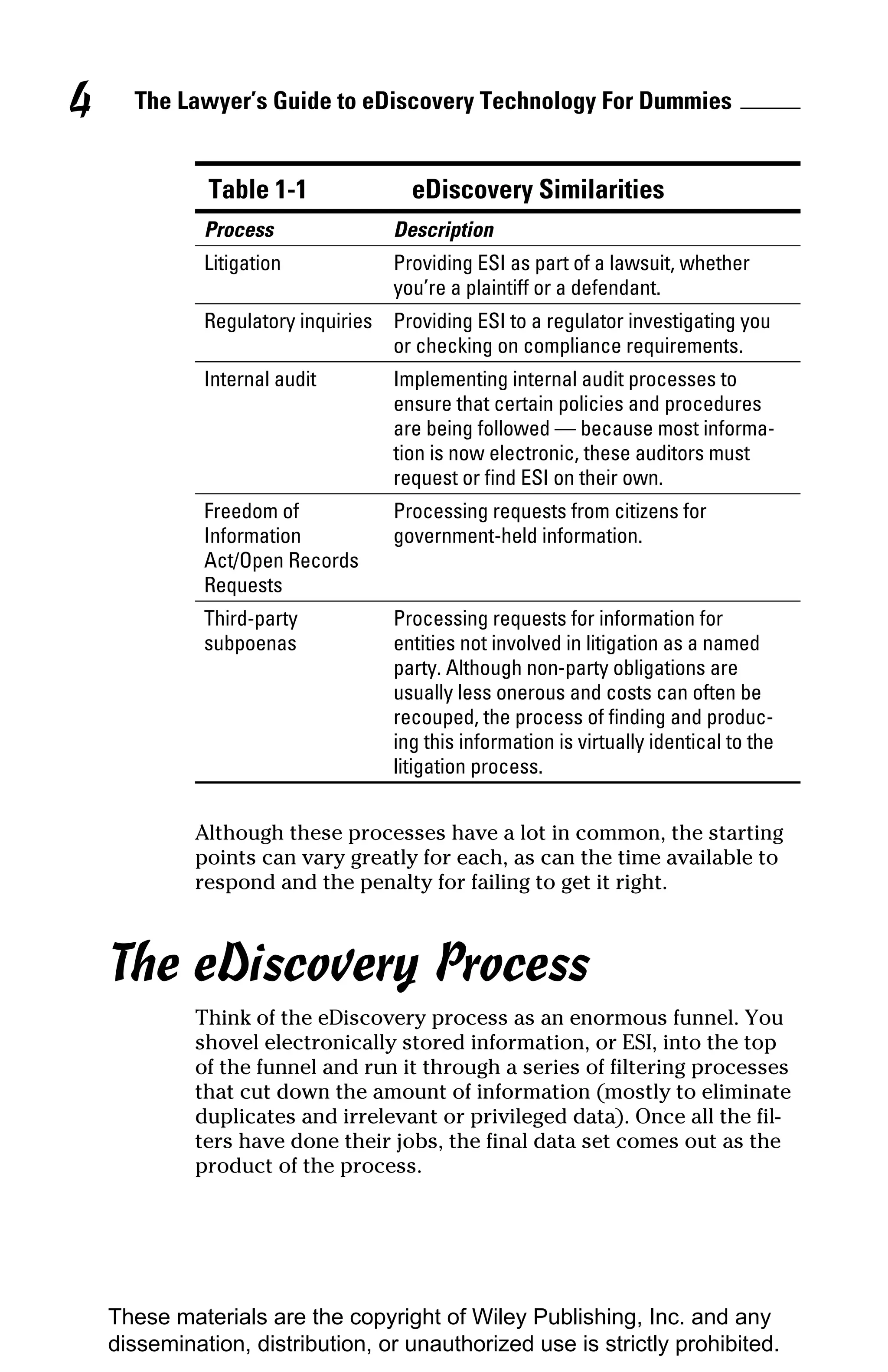 4     The Lawyer’s Guide to eDiscovery Technology For Dummies


              Table 1-1               eDiscovery Similarities
              Process               Description
              Litigation            Providing ESI as part of a lawsuit, whether
                                    you’re a plaintiff or a defendant.
              Regulatory inquiries Providing ESI to a regulator investigating you
                                   or checking on compliance requirements.
              Internal audit        Implementing internal audit processes to
                                    ensure that certain policies and procedures
                                    are being followed — because most informa-
                                    tion is now electronic, these auditors must
                                    request or find ESI on their own.
              Freedom of            Processing requests from citizens for
              Information           government-held information.
              Act/Open Records
              Requests
              Third-party           Processing requests for information for
              subpoenas             entities not involved in litigation as a named
                                    party. Although non-party obligations are
                                    usually less onerous and costs can often be
                                    recouped, the process of finding and produc-
                                    ing this information is virtually identical to the
                                    litigation process.


             Although these processes have a lot in common, the starting
             points can vary greatly for each, as can the time available to
             respond and the penalty for failing to get it right.



    The eDiscovery Process
             Think of the eDiscovery process as an enormous funnel. You
             shovel electronically stored information, or ESI, into the top
             of the funnel and run it through a series of filtering processes
             that cut down the amount of information (mostly to eliminate
             duplicates and irrelevant or privileged data). Once all the fil-
             ters have done their jobs, the final data set comes out as the
             product of the process.




    These materials are the copyright of Wiley Publishing, Inc. and any
    dissemination, distribution, or unauthorized use is strictly prohibited.
 
