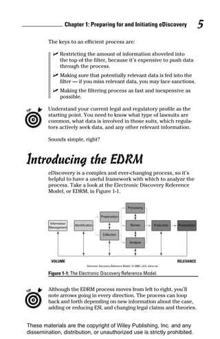 Chapter 1: Preparing for and Initiating eDiscovery                                                  5
         The keys to an efficient process are:

           ✓ Restricting the amount of information shoveled into
             the top of the filter, because it’s expensive to push data
             through the process.
           ✓ Making sure that potentially relevant data is fed into the
             filter — if you miss relevant data, you may face sanctions.
           ✓ Making the filtering process as fast and inexpensive as
             possible.

         Understand your current legal and regulatory profile as the
         starting point. You need to know what type of lawsuits are
         common, what data is involved in those suits, which regula-
         tors actively seek data, and any other relevant information.

         Sounds simple, right?



Introducing the EDRM
         eDiscovery is a complex and ever-changing process, so it’s
         helpful to have a useful framework with which to analyze the
         process. Take a look at the Electronic Discovery Reference
         Model, or EDRM, in Figure 1-1.


                                                                   Processing

                                           Preservation

         Information                                                 Review
                       Identiﬁcation                                                      Production   Presentation
         Management

                                             Collection

                                                                    Analysis




          VOLUME                                                                                       RELEVANCE
                               Electronic Discovery Reference Model / © 2009 / v2.0 / edrm.net

         Figure 1-1: The Electronic Discovery Reference Model.


         Although the EDRM process moves from left to right, you’ll
         note arrows going in every direction. The process can loop
         back and forth depending on new information about the case,
         adding or reducing ESI, and changing legal claims and theories.


These materials are the copyright of Wiley Publishing, Inc. and any
dissemination, distribution, or unauthorized use is strictly prohibited.
 