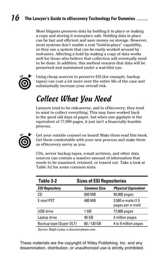 16     The Lawyer’s Guide to eDiscovery Technology For Dummies

              Most litigants preserve data by holding it in place or making
              a copy and storing it someplace safe. Holding data in place
              can be fast and efficient and save money on storage. However,
              most systems don’t enable a real “hold-in-place” capability,
              or they use a system that can be easily worked around by
              end-users. Affecting a hold by making a copy of data works
              well for those who believe that collection will eventually need
              to be done. In addition, this method ensures that data will be
              preserved and maintained under a watchful eye.

              Using cheap sources to preserve ESI (for example, backup
              tapes) can cost a lot more over the entire life of the case and
              substantially increase your overall risk.


              Collect What You Need
              Lawyers tend to be risk-averse, and in eDiscovery, they tend
              to want to collect everything. This may have worked back
              in the good old days of paper, but when one gigabyte is the
              equivalent of 77,000 pages, it just isn’t a financially feasible
              process.

              Get your outside counsel on board! Make them read this book.
              Get them comfortable with your new process and make them
              as eDiscovery savvy as you.

              CDs, server backup tapes, e-mail archives, and other data
              sources can contain a massive amount of information that
              needs to be examined, retained, or tossed out. Take a look at
              Table 3-2 for some common sizes.


               Table 3-2                  Sizes of ESI Repositories
               ESI Repository                  Common Size   Physical Equivalent
               CD                              650 MB        50,000 pages
               E-mail PST                      400 MB        3,500 e-mails (1.5
                                                             pages per e-mail)
               USB drive                       1 GB          77,000 pages
               Laptop drive                    40 GB         3 million pages
               Backup tape (Super DLT)         60 / 120 GB   4 to 9 million pages
               Source: Ralph Losey, e-discoveryteam.com.



     These materials are the copyright of Wiley Publishing, Inc. and any
     dissemination, distribution, or unauthorized use is strictly prohibited.
 