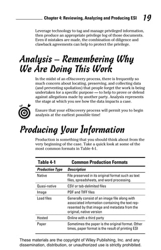 Chapter 4: Reviewing, Analyzing and Producing ESI                  19
         Leverage technology to tag and manage privileged information,
         then produce an appropriate privilege log of those documents.
         Even if mistakes are made, the combination of diligence and
         clawback agreements can help to protect the privilege.



Analysis – Remembering Why
We Are Doing This Work
         In the midst of an eDiscovery process, there is frequently so
         much concern about locating, preserving, and collecting data
         (and preventing spoliation) that people forget the work is being
         undertaken for a specific purpose — to help to prove or defend
         against allegations made by another party. Analysis represents
         the stage at which you see how the data impacts a case.

         Ensure that your eDiscovery process will permit you to begin
         analysis at the earliest possible time!



Producing Your Information
         Production is something that you should think about from the
         very beginning of the case. Take a quick look at some of the
         most common formats in Table 4-1.


          Table 4-1           Common Production Formats
          Production Type   Description
          Native            File preserved in its original format such as text
                            files, spreadsheets, and word processing.
          Quasi-native      CSV or tab-delimited files
          Image             PDF and TIFF files
          Load files        Generally consist of an image file along with
                            associated information containing the text rep-
                            resented by that image and metadata from the
                            original, native version
          Hosted            Online with a third party
          Paper             Sometimes the paper is the original format. Other
                            times, paper format is the result of printing ESI


These materials are the copyright of Wiley Publishing, Inc. and any
dissemination, distribution, or unauthorized use is strictly prohibited.
 