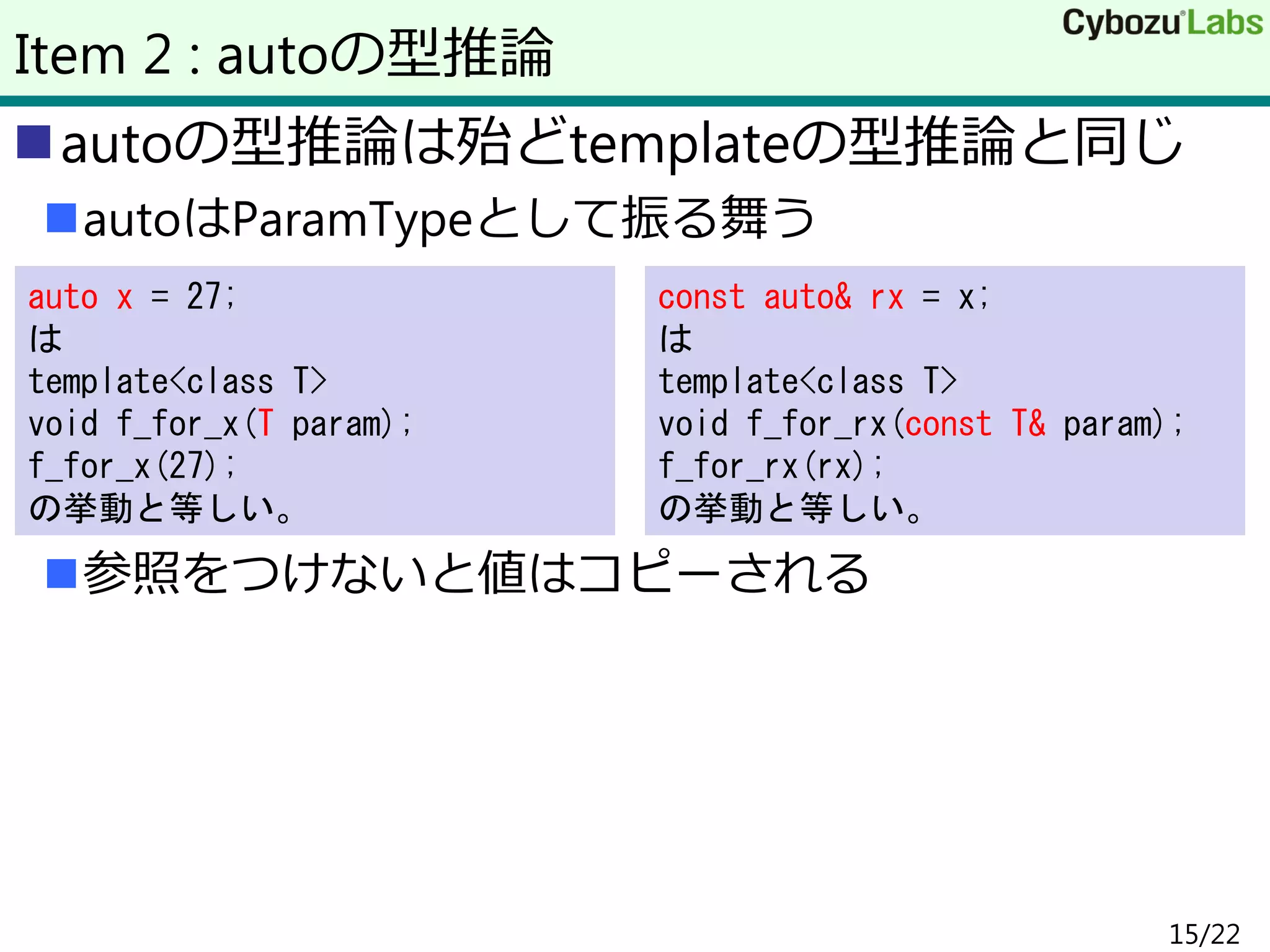 autoの型推論は殆どtemplateの型推論と同じ
autoはParamTypeとして振る舞う
参照をつけないと値はコピーされる
Item 2 : autoの型推論
auto x = 27;
は
template<class T>
void f_for_x(T param);
f_for_x(27);
の挙動と等しい。
const auto& rx = x;
は
template<class T>
void f_for_rx(const T& param);
f_for_rx(x);
の挙動と等しい。
15/22
 