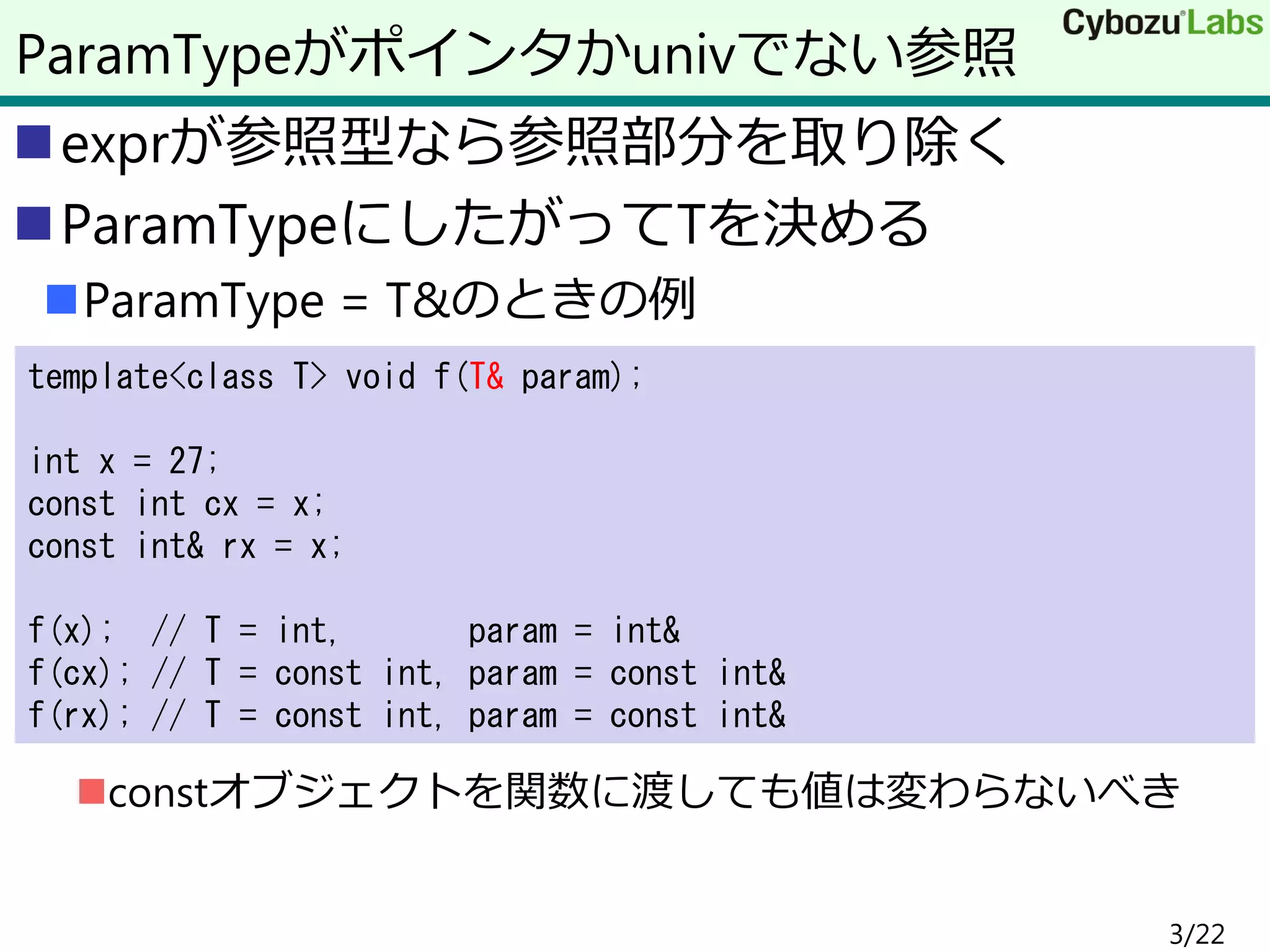exprが参照型なら参照部分を取り除く
ParamTypeにしたがってTを決める
ParamType = T&のときの例
constオブジェクトを関数に渡しても値は変わらないべき
ParamTypeがポインタかunivでない参照
template<class T> void f(T& param);
int x = 27;
const int cx = x;
const int& rx = x;
f(x); // T = int, param = int&
f(cx); // T = const int, param = const int&
f(rx); // T = const int, param = const int&
3/22
 