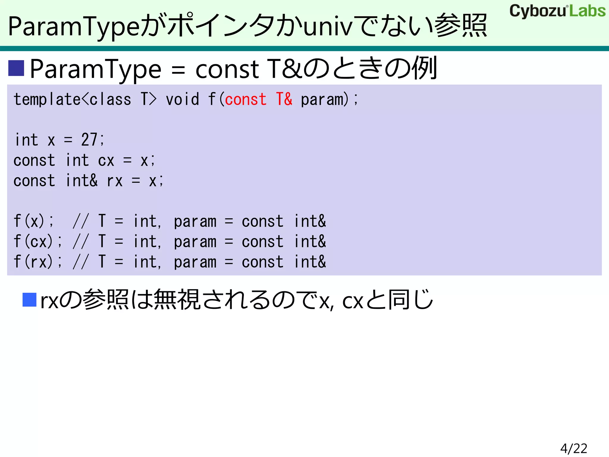 ParamType = const T&のときの例
rxの参照は無視されるのでx, cxと同じ
ParamTypeがポインタかunivでない参照
template<class T> void f(const T& param);
int x = 27;
const int cx = x;
const int& rx = x;
f(x); // T = int, param = const int&
f(cx); // T = int, param = const int&
f(rx); // T = int, param = const int&
4/22
 