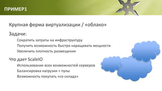 ПРИМЕР1
Крупная ферма виртуализации / «облако»
Задачи:
Сократить затраты на инфраструктуру
Получить возможность быстро наращивать мощности
Увеличить плотность размещения
Что дает ScaleIO
Использование всех возможностей серверов
Балансировка нагрузки + пулы
Возможность покупать «со склада»
 