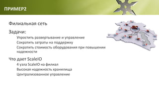 ПРИМЕР2
Филиальная сеть
Задачи:
Упростить развертывание и управление
Сократить затраты на поддержку
Сократить стоимость оборудования при повышении
надежности
Что дает ScaleIO
4 узла ScaleIO на филиал
Высокая надежность хранилища
Централизованное управление
 