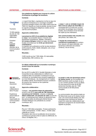 Mémoire professionnel – Page 42/117
Reproduction interdite sans autorisation préalable
ENTREPRISE APPROCHE COLLABORATIVE IMPACTS SUR LA COM. INTERNE
Tourisme
15 000 salariés
de près de 100
nationalités
différentes
Entretien
avec
Laurent
Sabbah
directeur de la
Communication
Interne
Une plateforme digitale pour incarner la culture
d’entreprise et partager les émotions.
Contexte :
« L’esprit Club Med » représente à la fois le cœur de
la culture d’entreprise et un avantage compétitif.
Comment partager et faire vivre cette culture avec les
7500 G.O répartis sur toute la planète, jeunes et pour
la majorité privilégiant le téléphone mobile comme
outil de communication.
Approche collaborative :
Lancement en 2013 d’une plateforme digitale
(« enjoy ! ») accessible depuis n’importe quel
équipement (smartphone, tablette, ordinateur).
Un contenu bilingue mettant en valeur les initiatives
locales remontées par les G.Os qui deviennent
contributeurs.
La réaction aux publications se fait via des émotions
(enthousiasme, fierté, intérêt, déception, etc.) et qui
remplace le « Like ».
Résultats :
3 400 inscrits sur les 7 500 ciblés, 52 nationalités
représentées, 860 contenus, etc.
« enjoy ! » est un véritable moyen de
faire vivre la culture du Club Med, en
connectant les G.O entre eux, en leur
permettant de partager leurs initiatives
locales, leurs émotions et de remonter
les sujets qui les intéressent.
Une communication très visuelle avec
des photos, des vidéos, etc.
L’équipe de communication
coordonne la publication du contenu
pour assurer une ligne éditoriale, une
dynamique (réécriture de certains
contenus, mis en forme).
Banque,
Assurance
150 000
collaborateurs
dans 76 pays
Expérience
personnelle en
tant que
responsable de
communication
du projet
Un débat collaboratif sur la transition numérique
ouvert à tous les salariés
Contexte :
De mai 2013 à juillet 2013, Société Générale a invité
l’ensemble de ses collaborateurs à réfléchir aux
mutations liées à la transition numérique et ont pu
contribuer en soumettant leurs propres suggestions
sur trois thématiques : les changements en matière
de relation clients, les évolutions de leurs conditions
de travail et les impacts sur les systèmes
technologiques.
Approche collaborative :
4 étapes : une première étape de préparation
(d’avril à mai 2013) avec près de 100 volontaires
convaincus de l’initiative ; ensuite un mois de
débat collaboratif; une période de votes (3 jours fin
juin) ; un évènement pour clôturer la démarche avec
des personnalités (le philosophe Michel Serres,
Christine Balagué vice présidente du conseil
numérique, etc.).
Résultats :
Plus de 1 000 idées proposées, 19 pays participants,
3 000 commentaires, 12 000 « likes », 16 000 votes
collectés en 3 jours
Priorisation des choix et accélération de la transition
numérique du groupe (mise en place du télétravail, du
Cloud, du Bigdata, etc.).
Le projet a créé une dynamique autour
du réseau social, qui ne comptait que
8000 membres avant ce projet, et qui a
vu son nombre doubler à la fin du débat.
Ce sont aujourd’hui près de 60 000
personnes inscrites, plus de 1 000
communautés et 26 000 photos
chargées.
La communication des grands projets se
fait désormais aussi sur le réseau social,
avec une communauté dédiée avec des
échanges entre membres de l’équipe
projet et le reste des collaborateurs (par
exemple le programme de transformation
digitale du groupe).
 