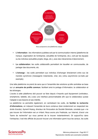 Mémoire professionnel – Page 90/117
Reproduction interdite sans autorisation préalable
Nous proposons une plateforme unique
• L’information : les informations publiées soit par la communication interne (plateforme de
marque, organisation de l’entreprise, actualités de l’entreprise, etc.), soit par les équipes
ou les individus (actualités projets, blogs, etc.), avec des mécanismes d’abonnement,
• La collaboration: les outils collaboratifs permettant de travailler en communautés, de
partager des documents, etc.
• L’échange : les outils permettant aux individus d’échanger directement entre eux de
manière synchrone (messagerie instantanée, chat, etc.) et/ou asynchrone (e-mails par
exemple).
Une telle plateforme ne prend de sens que si l’ensemble des solutions qu’elle centralise se base
sur un annuaire de profils commun, facilitant ainsi le partage d’information, la collaboration et
les échanges.
L’accès à cette plateforme doit pouvoir se faire depuis n’importe quel équipement (ordinateur,
smartphone, tablette, etc.) avec une interface personnalisable afin que le collaborateur puisse
l’adapter à ses besoins et ses intérêts.
La plateforme va permettre également, en centralisant les outils, de faciliter la recherche
d’informations, en indexant l’ensemble de leurs contenus (bien évidemment en respectant les
droits d’accès). Aymeril Hoang, directeur de l’Innovation de Société Générale, constate que « ne
pas trouver de l’information est un irritant. Nous avons pris l’habitude, sur Internet, d’avoir une
"barre de recherche" qui nous permet de la trouver instantanément. Or aujourd’hui dans
l’entreprise, il est très difficile de pouvoir trouver une information parmi tous les canaux, les outils
INFORMATION
Plateforme	de	marque
Organisation
Actualités	
Blogs
….
ECHANGE
Echanges
synchrones	ou	
asynchrones
PILOTAGE
Fonction
Communication	
interne
COLLABORATION
	
Communautés
Travail	collaboratif
Partage	de	documents
….
ANNUAIRE
DE
PROFILS
 