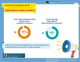 P50.1b ¿Has visto "anuncios publicitarios" sobre alguna marca, producto o servicio en las
redes sociales a las que perteneces?
P50.1c ¿Has visto que alguien en las redes sociales a la que perteneces hable sobre
alguna marca, producto o servicio?
(#) Dato 2013 Base 2013: 155 Base 2014: 92
¿Cuál es el impacto de la
publicidad en redes sociales?
¿Han visto publicidad sobre
alguna marca,
producto o servicio?
¿Han leído algo
sobre alguna
marca producto o servicio?
SI
95%
(82)
SI 80%
(72)
Diferencias significativas entre 2013 y 2014.
Diferencias significativas entre mamás
digitales y total estudio 2014
Este año las mamás digitales son más receptivas a la
publicidad de las marcas en redes sociales.
 