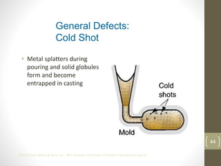 44
©2013 John Wiley & Sons, Inc. M P Groover, Principles of Modern Manufacturing 5/e
• Metal splatters during
pouring and solid globules
form and become
entrapped in casting
General Defects:
Cold Shot
 