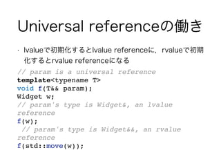 Universal referenceの働き
• lvalueで初期化するとlvalue referenceに，rvalueで初期
化するとrvalue referenceになる
// param is a universal reference
template<typename T>
void f(T&& param);
Widget w;
// param's type is Widget&, an lvalue
reference
f(w);
// param's type is Widget&&, an rvalue
reference
f(std::move(w));
 