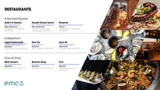 Alden & Harlow
http://aldenharlow.com/
New American
40 Brattle St, Cambridge,
MA 02138
Legal Harborside
https://www.legalseafoods.com/restau-
rants/boston-legal-harborside-30
Seafood
270 Northern Ave, MA 02210
B&G Oysters
http://bandgoysters.com/
Seafood
550 Tremont St, MA 02116
Russell House Tavern
http://russellhousecambridge.com/
New American
14 John F. Kennedy St,
Cambridge, MA 02138
Row 34
http://row34.com/
Seafood
383 Congress St, MA 02210
Butcher Shop
http://www.thebutchershopboston.com/
Butchers
552 Tremont St, MA 02118
Shepard
http://www.shepardcooks.com/home
French
1 Shepard St, Cambridge,
MA 02138
LoLa 42
https://www.lola42.com/
Japanese
22 Liberty Drive, MA 02210
Toro
http://www.toro-restaurant.com/
Spanish
1704 Washington St,
MA 02118
RESTAURANTS
4.Harvard Square
5.Waterfront 	
6.South End
 
