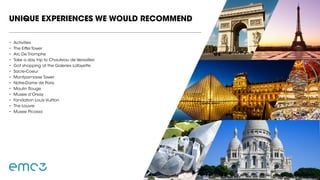 •	 Activities
•	 	The Eiffel Tower
•	 Arc De Triomphe
•	 Take a day trip to Chauteau de Versailles
•	 Got shopping at the Galeries Lafayette
•	 Sacre-Coeur
•	 Montparnasse Tower
•	 Notre-Dame de Paris
•	 Moulin Rouge
•	 Musee d’Orsay
•	 Fondation Louis Vuitton
•	 The Louvre
•	 Musee Picasso
UNIQUE EXPERIENCES WE WOULD RECOMMEND
 