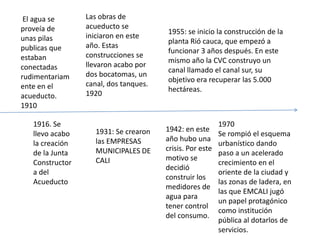 Las obras de acueducto se iniciaron en este año. Estas construcciones se llevaron acabo por dos bocatomas, un canal, dos tanques.1920El agua se proveía de unas pilas publicas que estaban conectadas rudimentariamente en el acueducto. 19101955: se inicio la construcción de la planta Rió cauca, que empezó a funcionar 3 años después. En este mismo año la CVC construyo un canal llamado el canal sur, su objetivo era recuperar las 5.000 hectáreas.1916. Se llevo acabo la creación de la Junta Constructora del Acueducto1970Se rompió el esquema urbanístico dando paso a un acelerado crecimiento en el oriente de la ciudad y las zonas de ladera, en las que EMCALI jugó un papel protagónico como institución pública al dotarlos de servicios. 1942: en este año hubo una crisis. Por este motivo se decidió construir los medidores de agua para tener control del consumo.1931: Se crearon las EMPRESAS MUNICIPALES DE CALI 