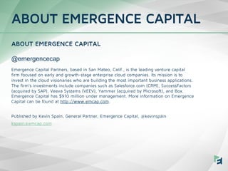 ABOUT EMERGENCE CAPITAL
@emergencecap
Emergence Capital Partners, based in San Mateo, Calif., is the leading venture capit...