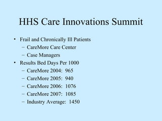 HHS Care Innovations Summit
• Frail and Chronically Ill Patients
   – CareMore Care Center
   – Case Managers
• Results Bed Days Per 1000
   – CareMore 2004: 965
   – CareMore 2005: 940
   – CareMore 2006: 1076
   – CareMore 2007: 1085
   – Industry Average: 1450
 