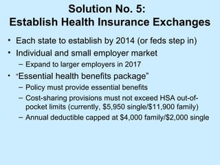 Solution No. 5:
Establish Health Insurance Exchanges
• Each state to establish by 2014 (or feds step in)
• Individual and small employer market
   – Expand to larger employers in 2017
• “Essential health benefits package”
   – Policy must provide essential benefits
   – Cost-sharing provisions must not exceed HSA out-of-
     pocket limits (currently, $5,950 single/$11,900 family)
   – Annual deductible capped at $4,000 family/$2,000 single
 